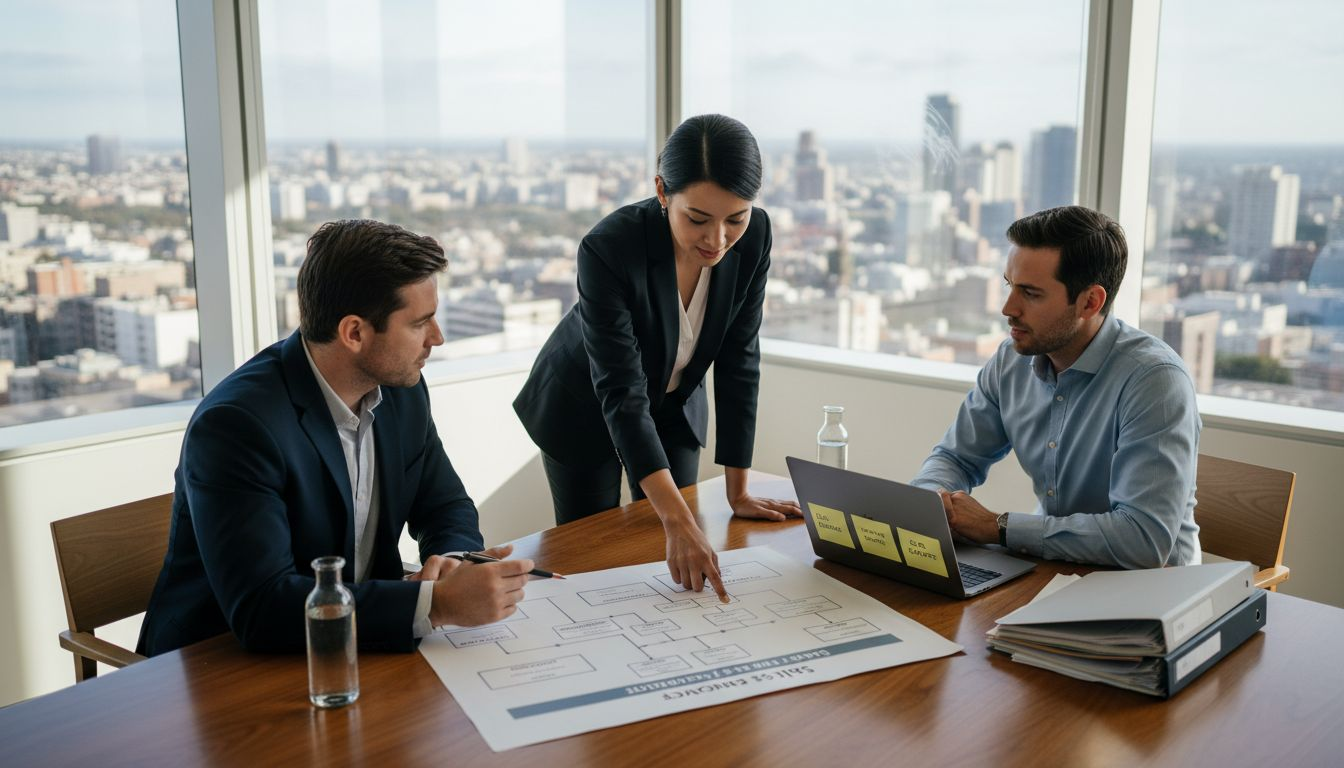 Sales team meeting with sales cadence chart