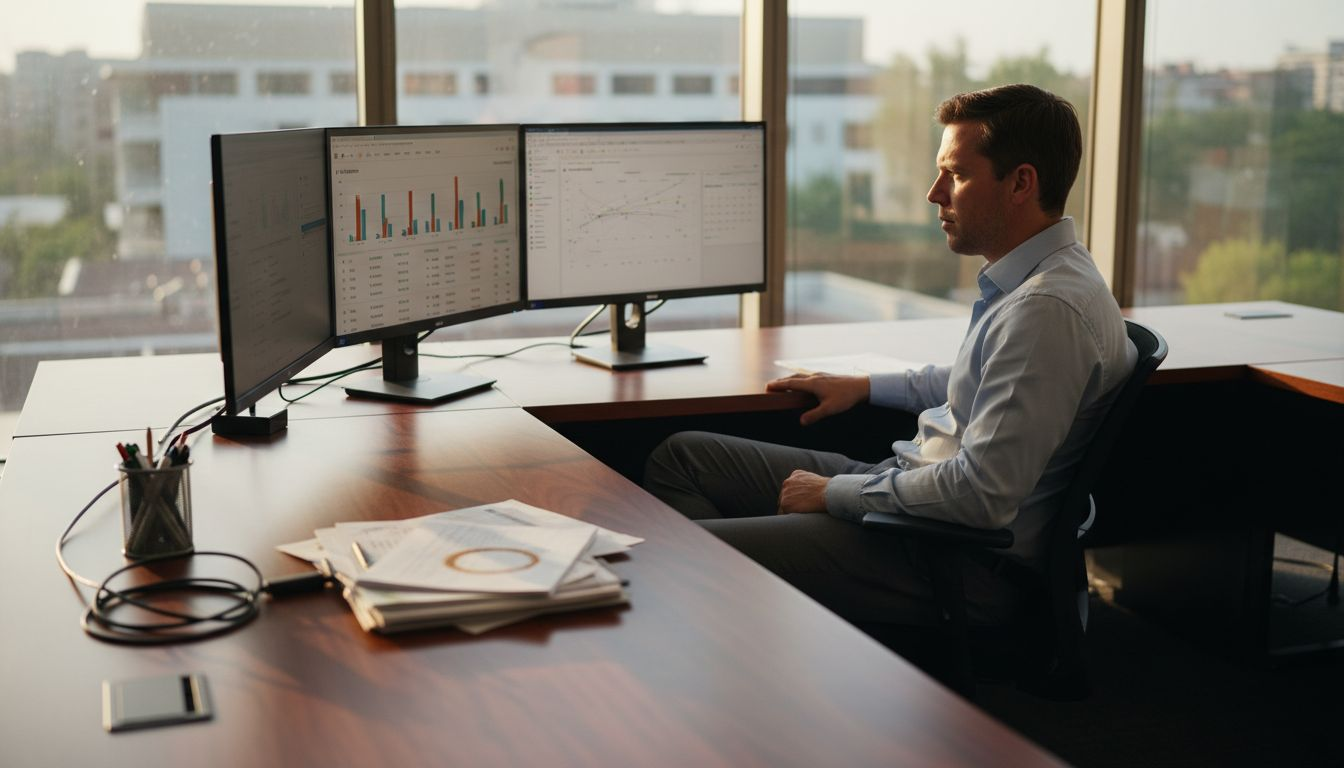 Sales rep tracks analytics at glass office desk