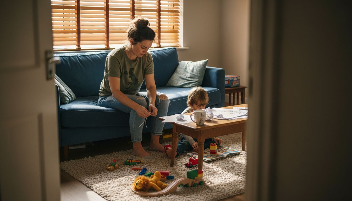 Mother helps child with shoes in living room