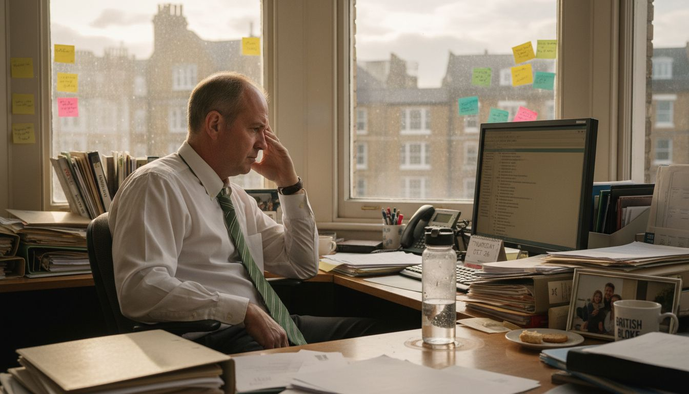 Man at office desk coping with stress