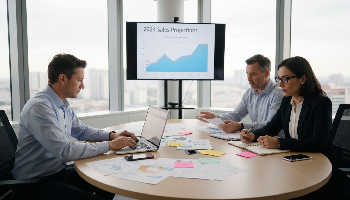 Team reviews revenue forecast reports in office