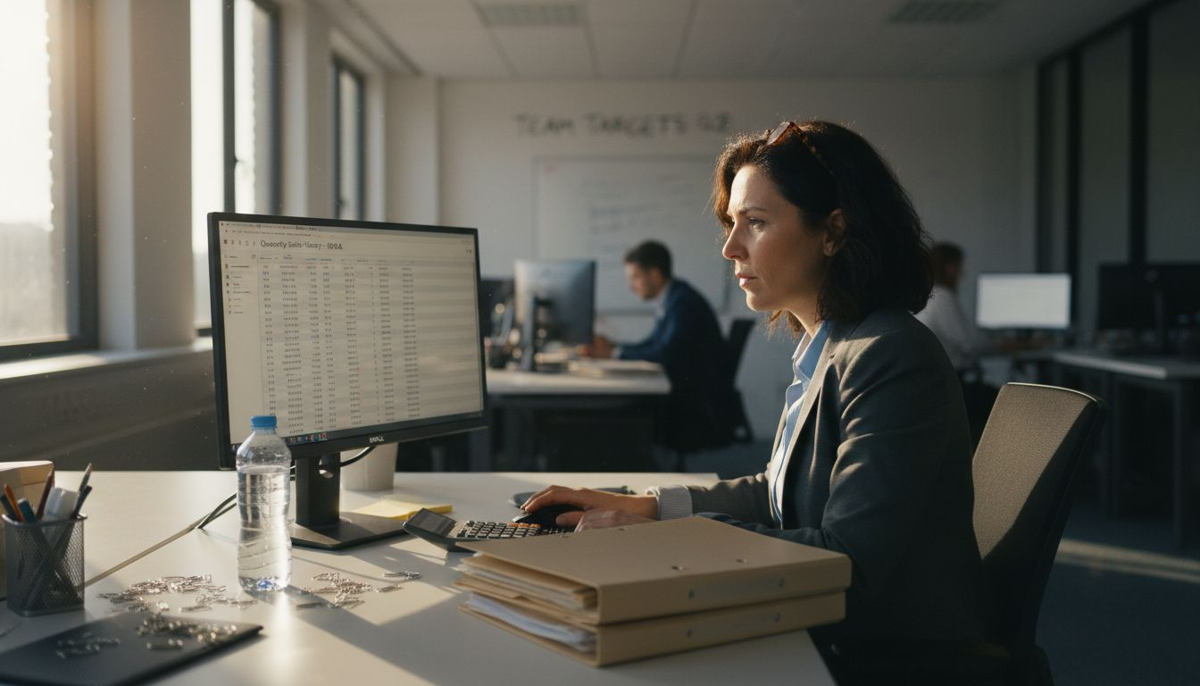 Sales manager reviews sales data at desk