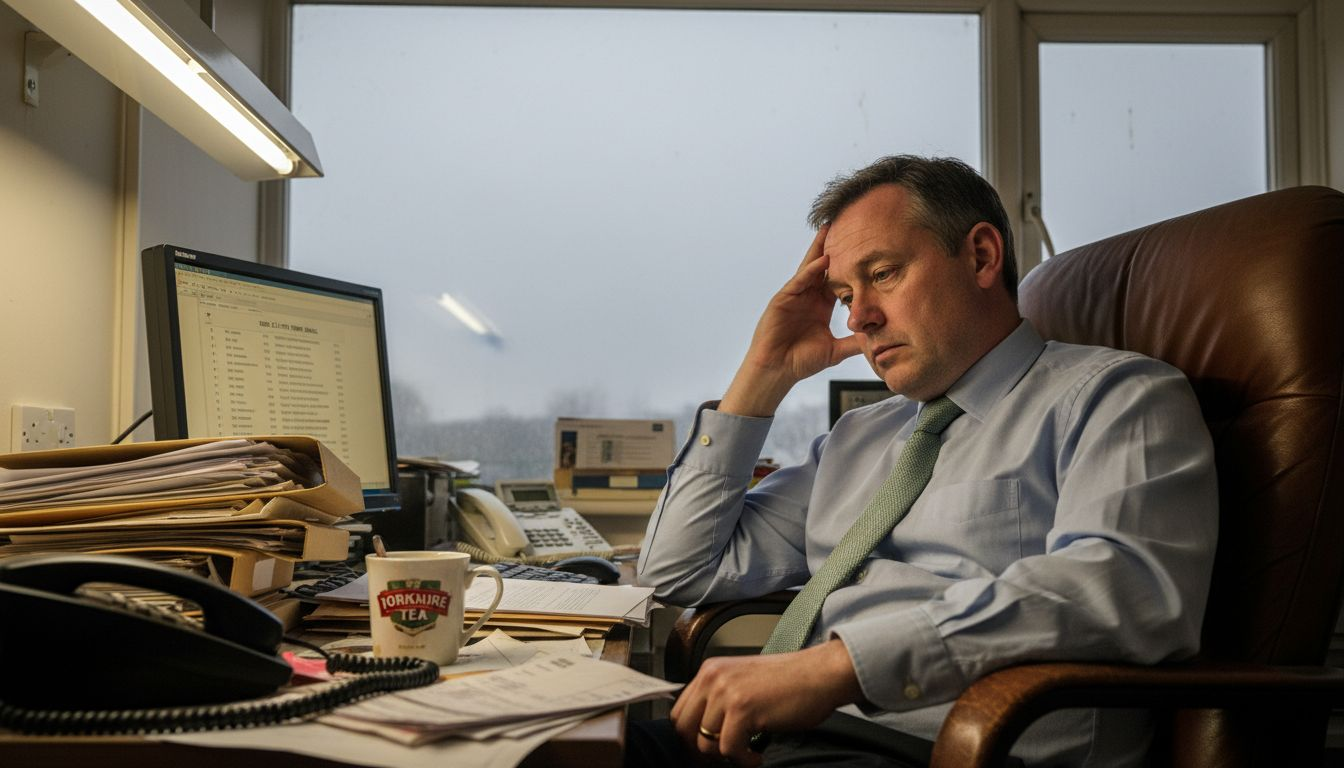 Stressed UK worker at desk cluttered with files