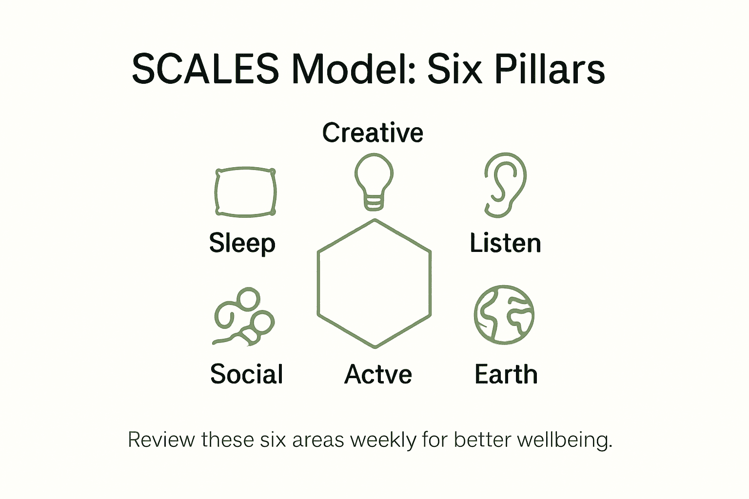 Infographic visualising SCALES wellbeing pillars