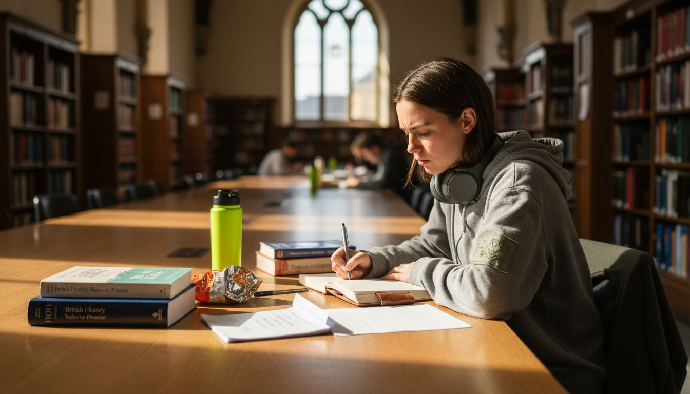 Student journaling in quiet library setting