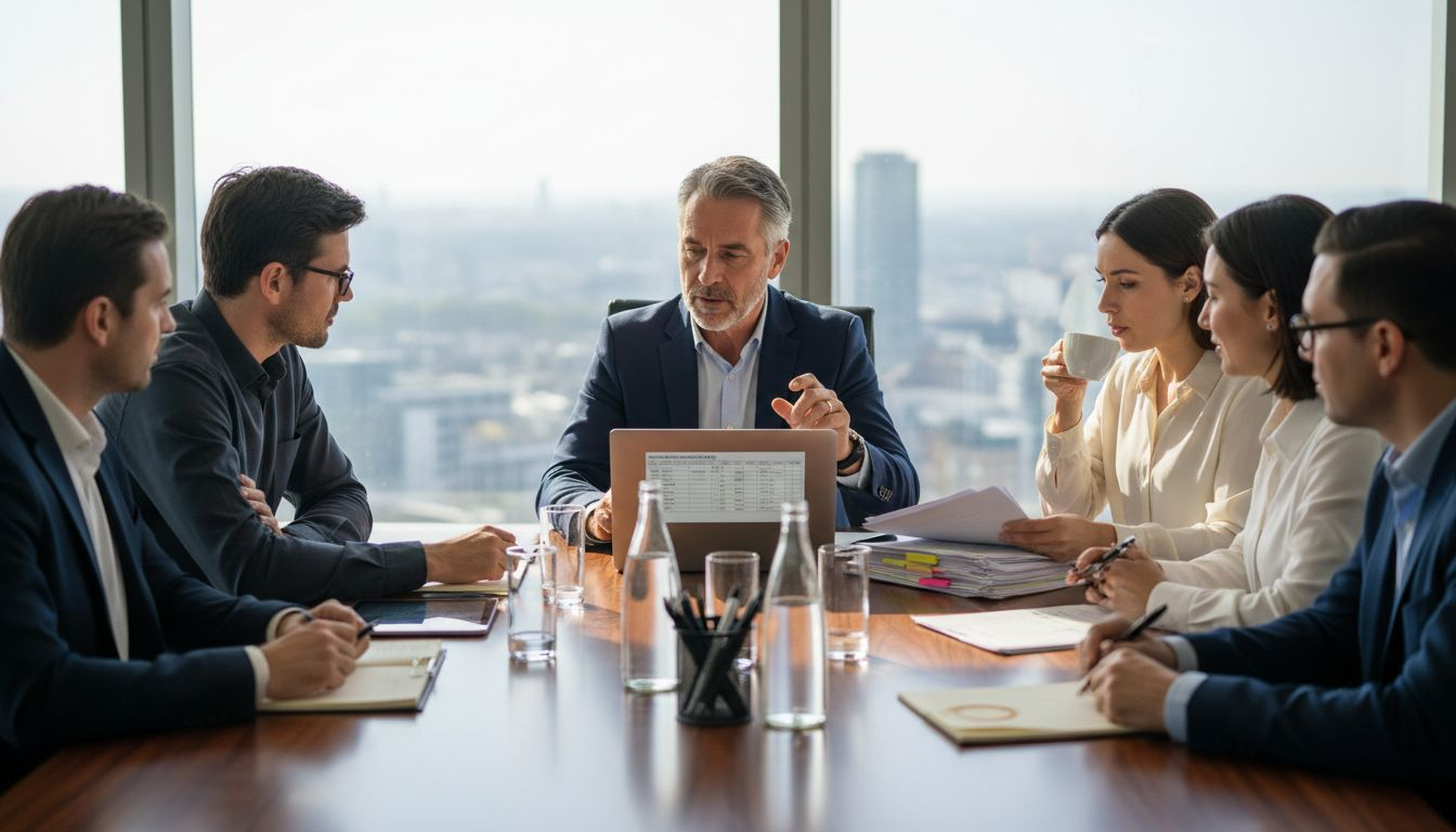 Sales team leadership meeting in corner office