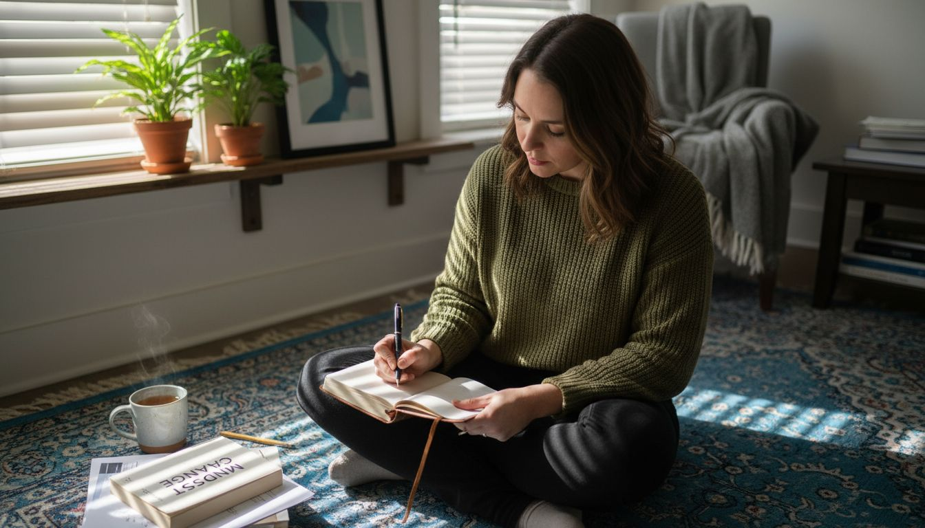 Woman journaling for mindset coaching at home