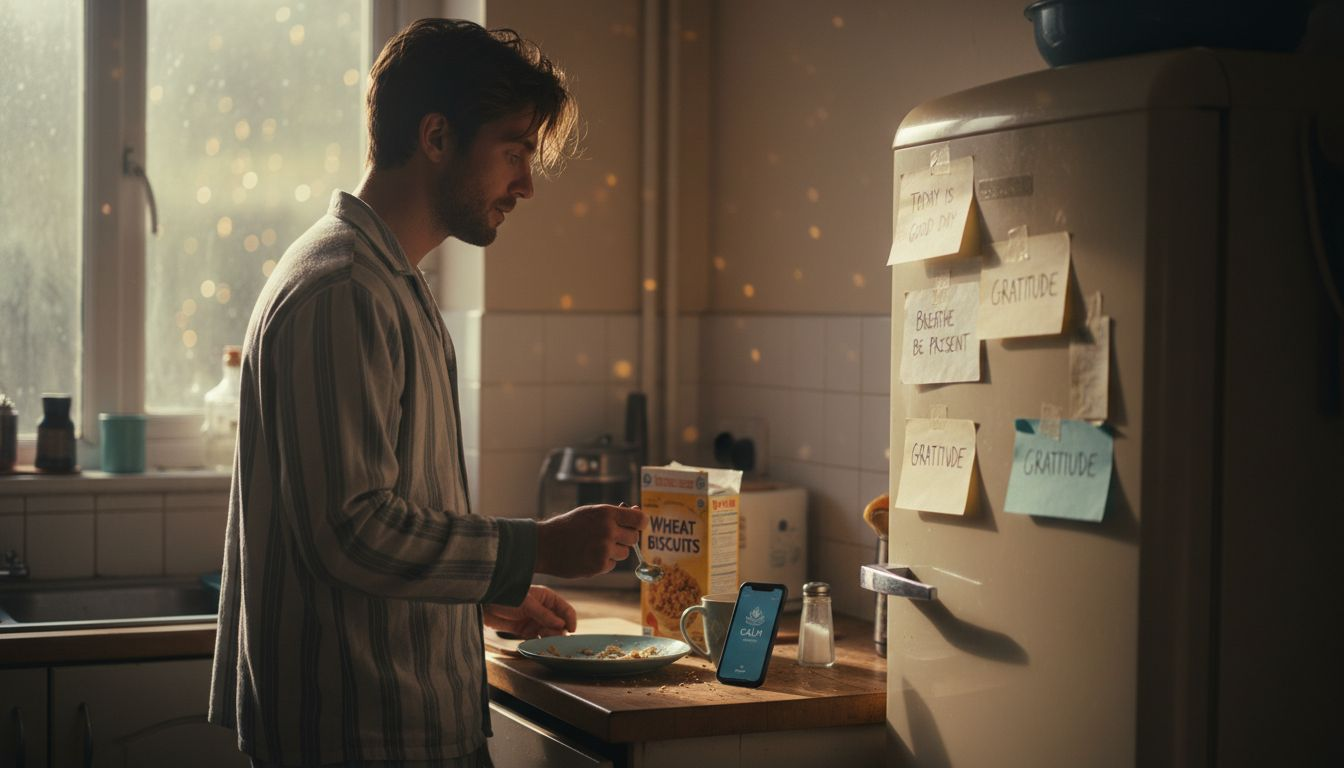 Man practicing mindful morning routine affixed affirmations