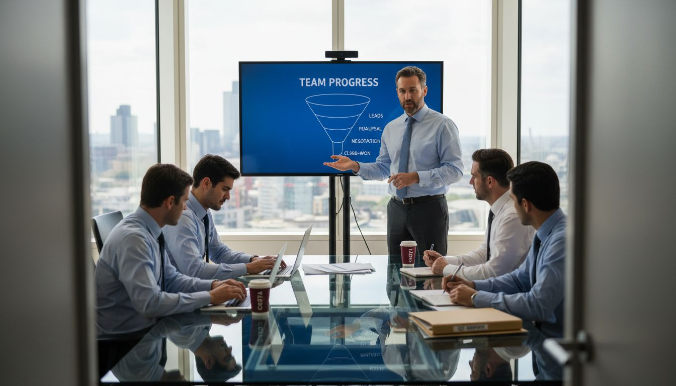 Sales manager leading team meeting in bright office