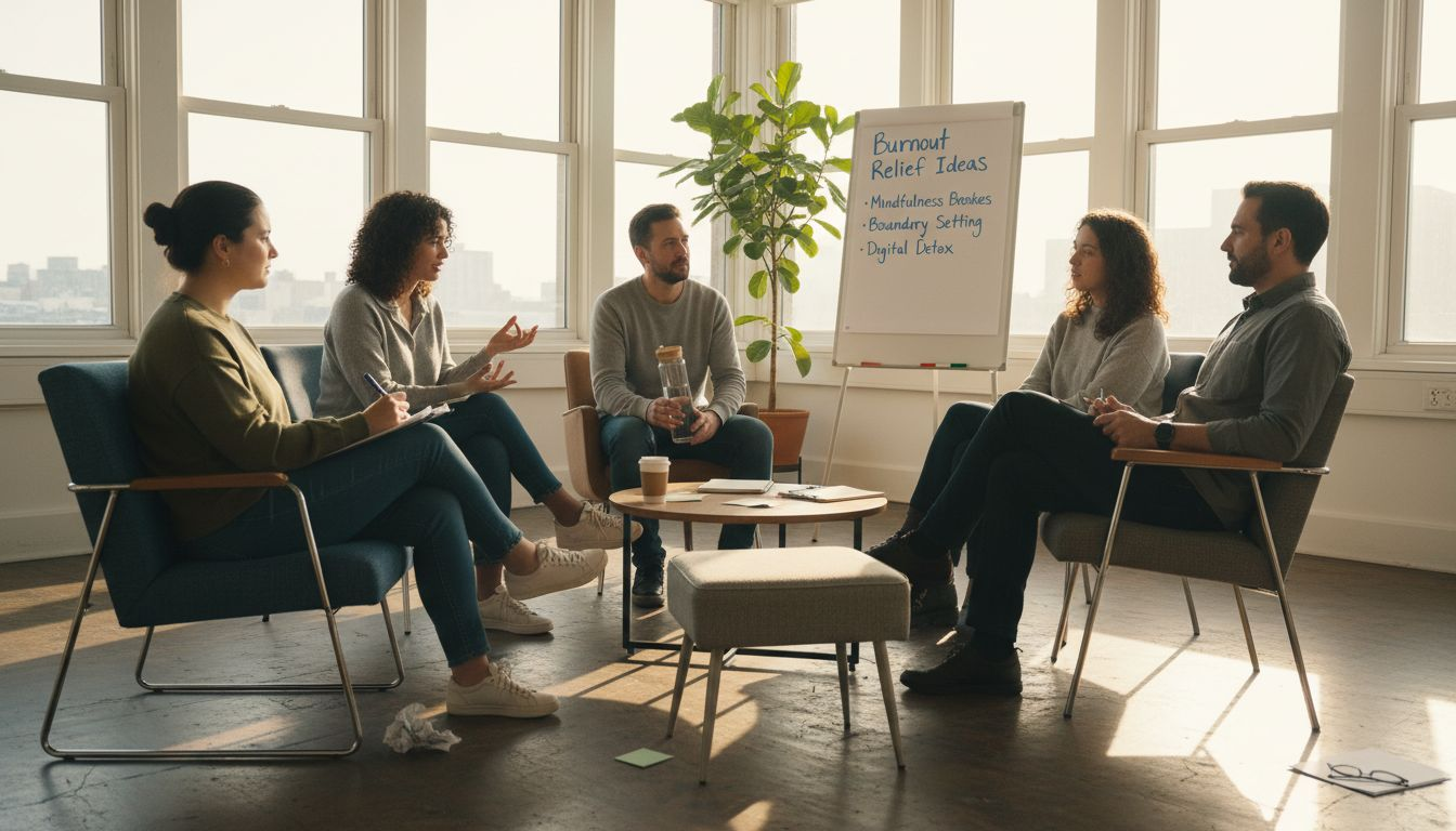 People attending wellbeing group workshop in office