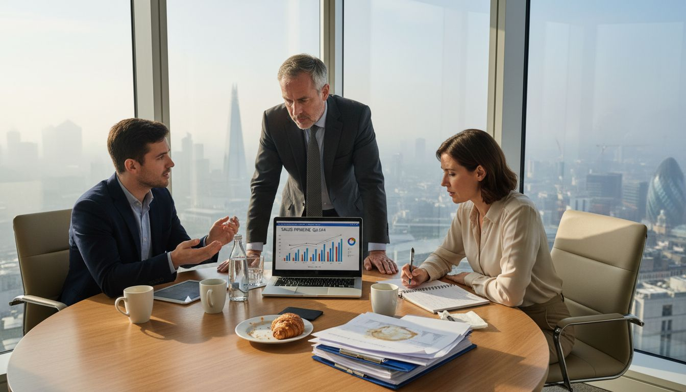 B2B sales meeting in UK office overlooking city