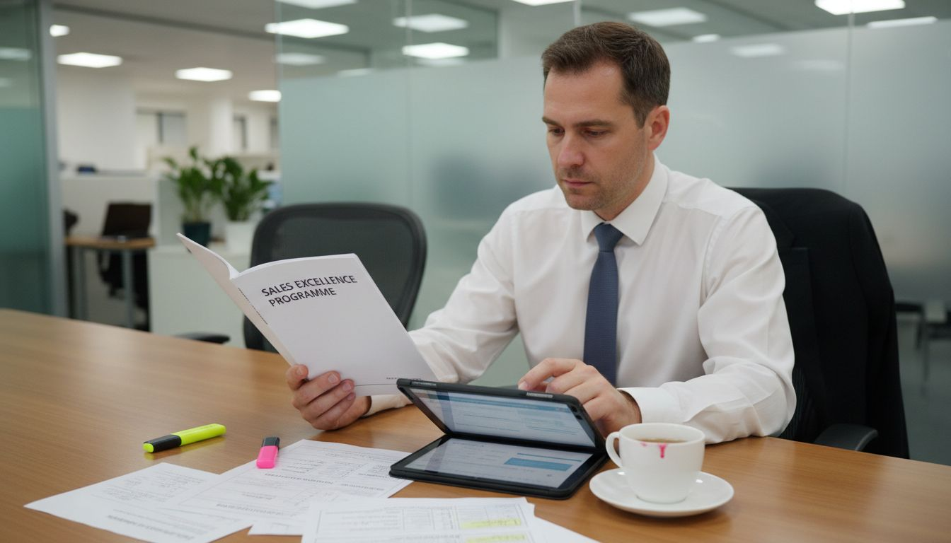Sales manager reviewing enablement materials in office