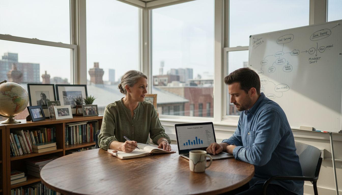 Coach and client in office discussing stress