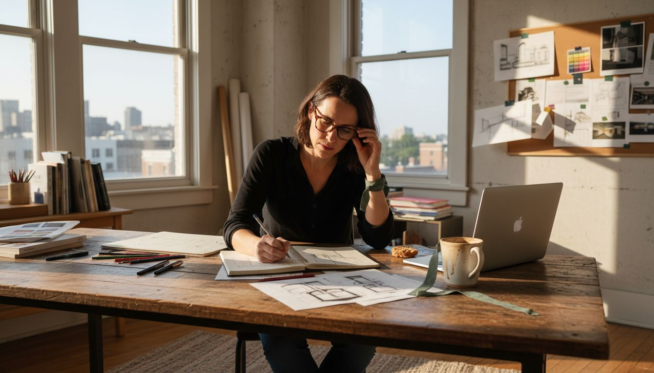 Creative woman working in sunlit studio