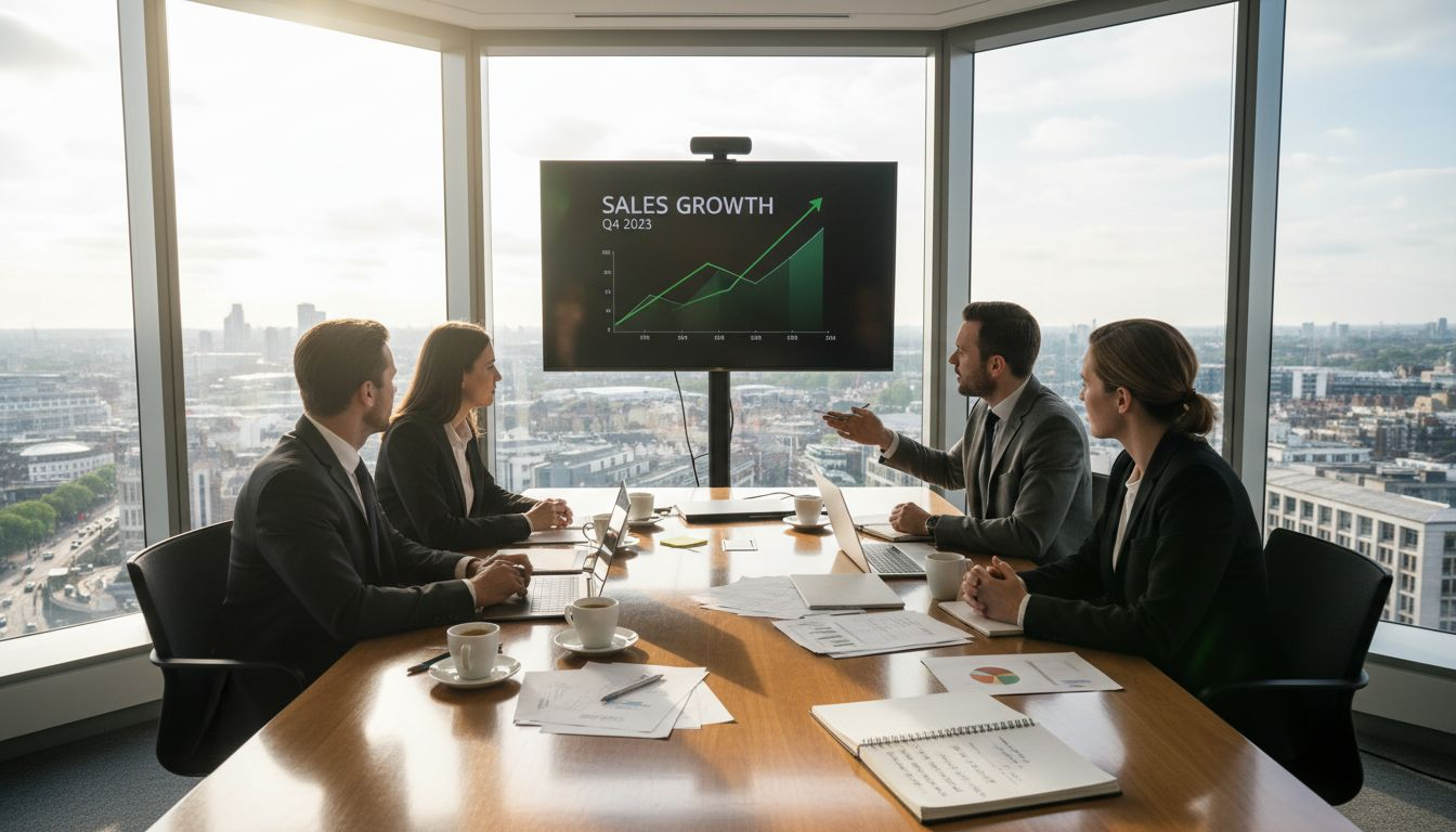 Sales team collaborates in sunlit corner office