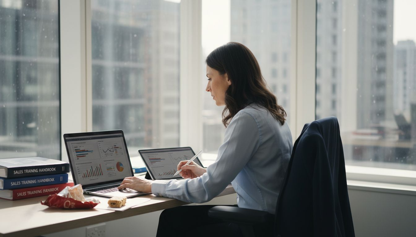 Manager reviews sales diagnostic at cluttered desk