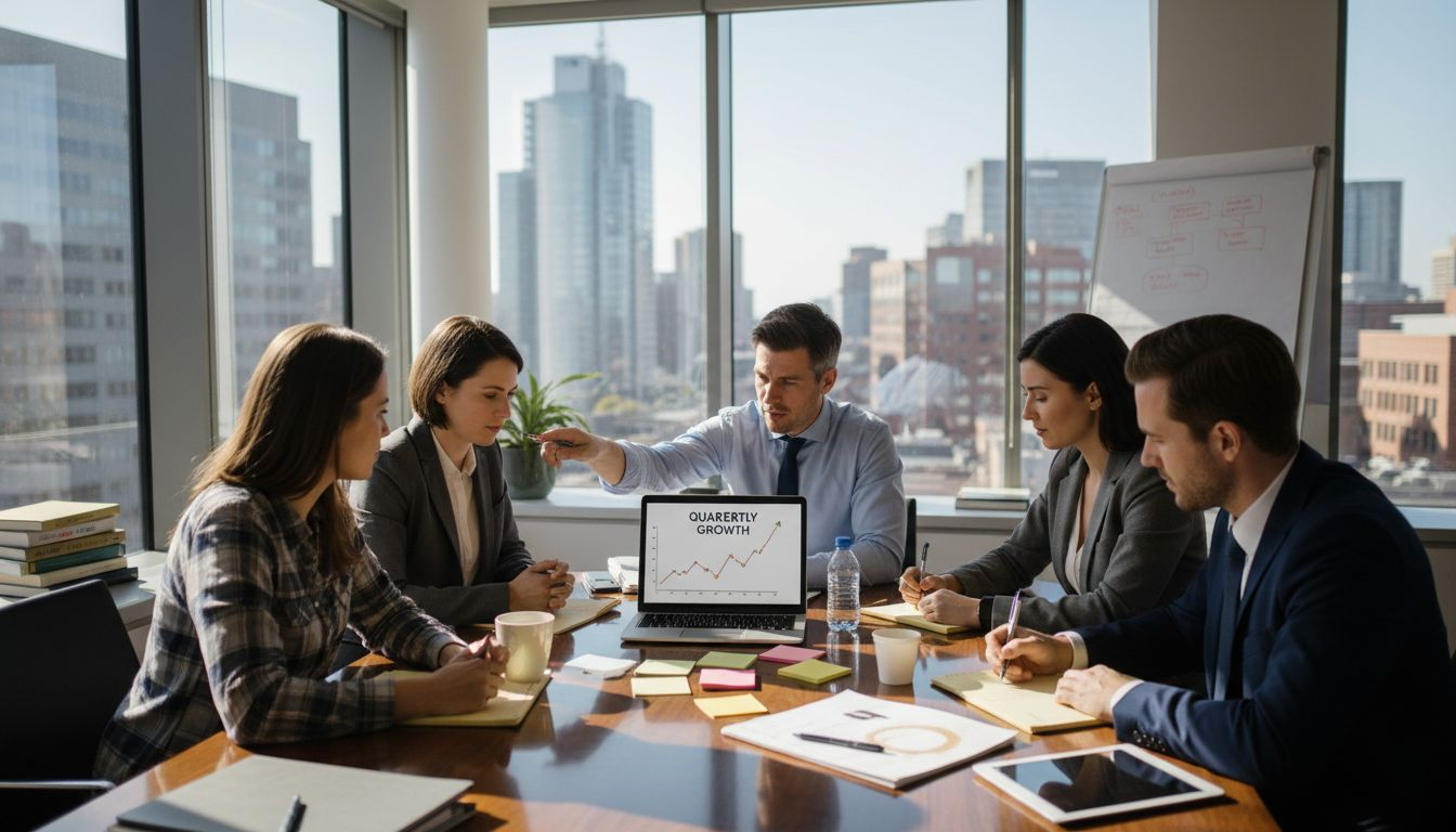 Sales team collaborating in a corner office