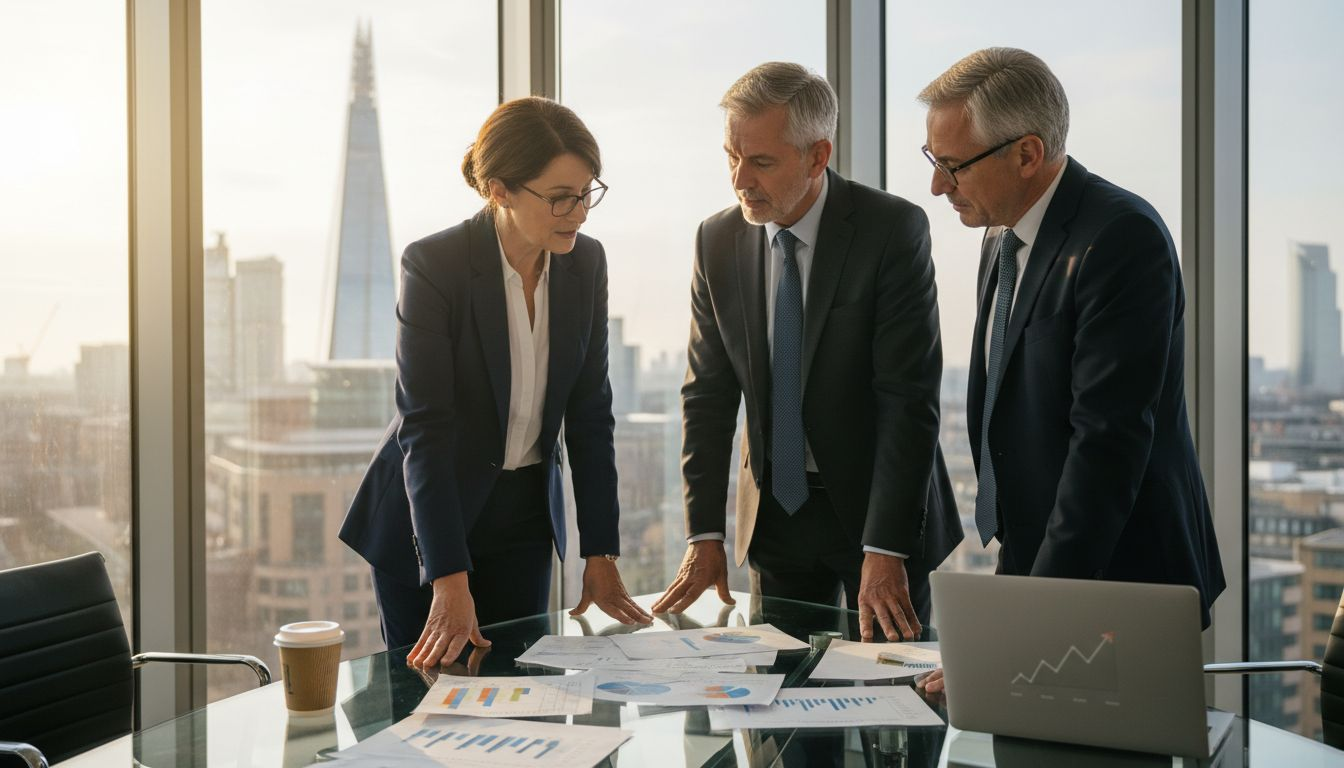 Senior leaders discuss sales strategy in office meeting