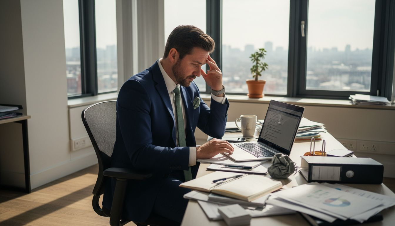 Professional managing stress at cluttered office desk