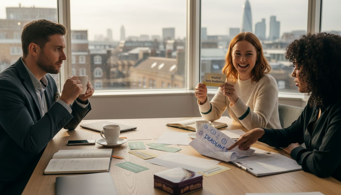 UK professionals discussing wellbeing goals in office
