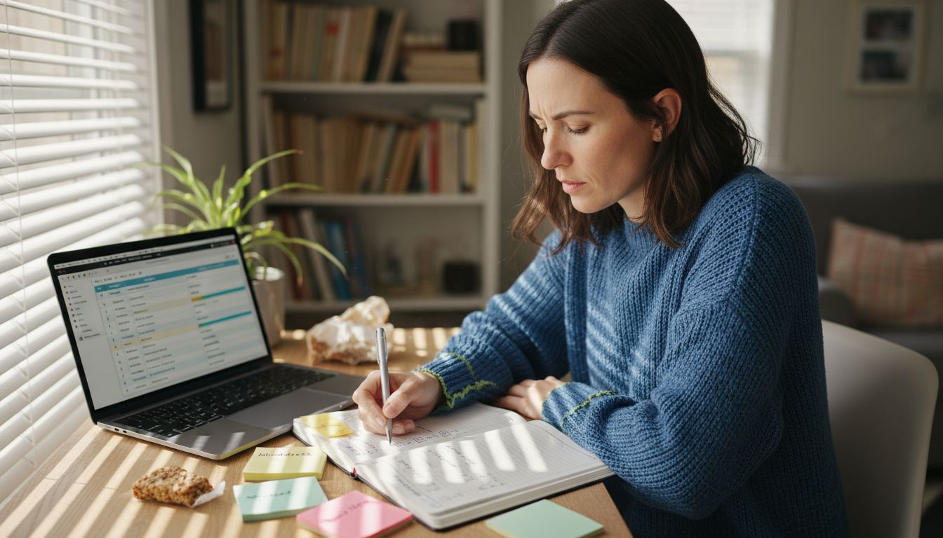 Woman tracking wellbeing goals in home study