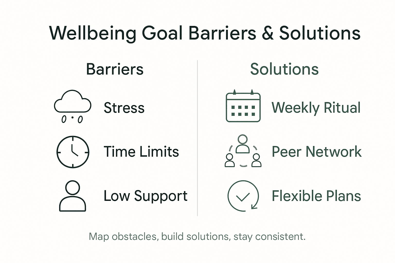 Infographic of barriers and solutions to wellbeing goals