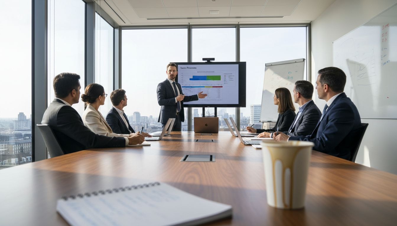 Sales manager leads team meeting in corner office