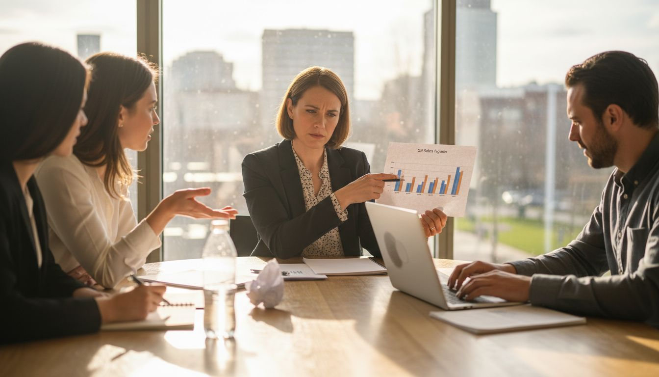 Manager coaching small sales team in office