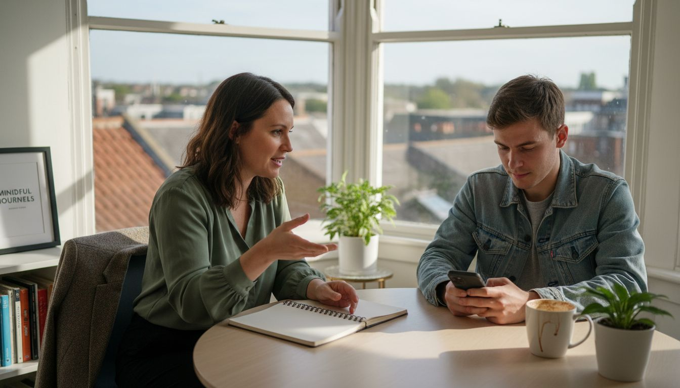 Coach meeting client in corner office with sunlight