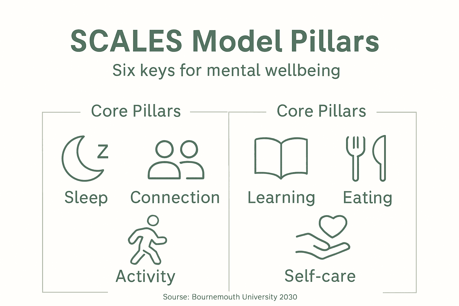 Infographic of six SCALES model wellbeing pillars