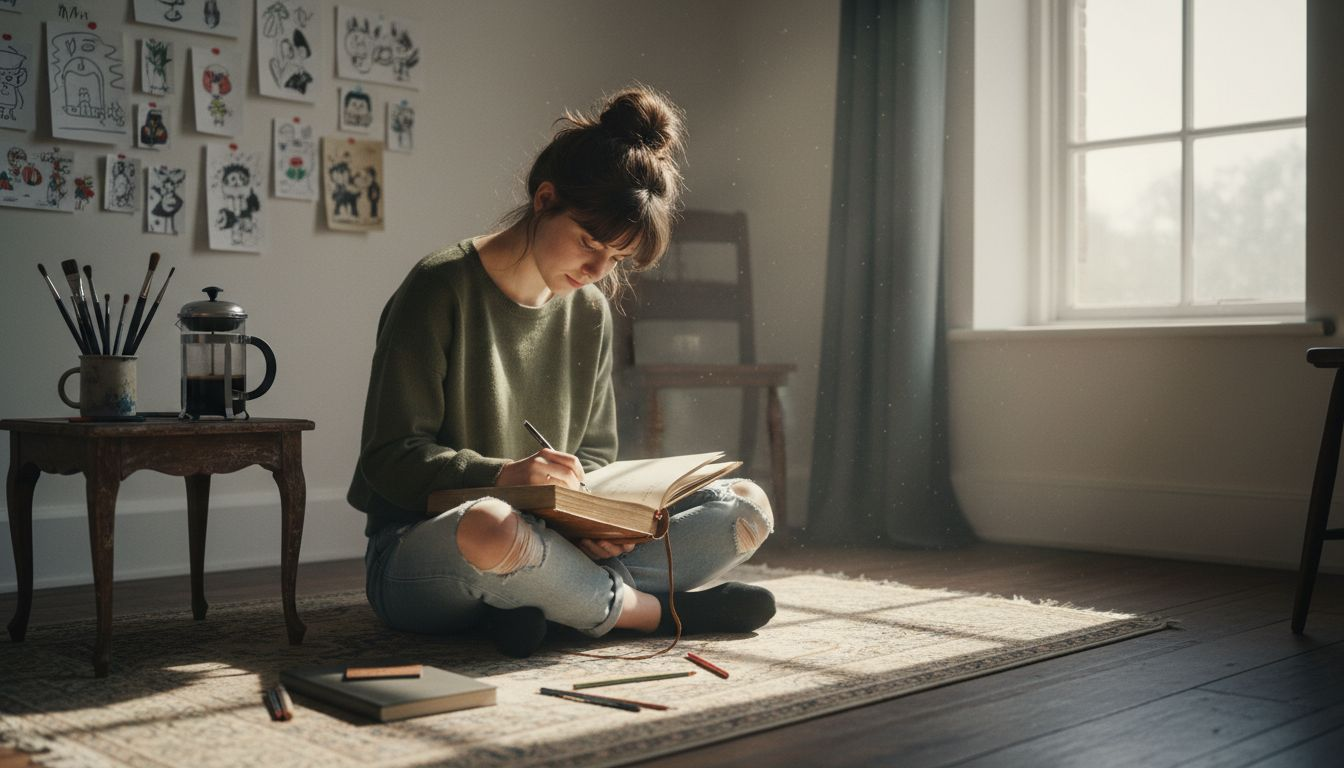 Creative professional journaling in bright morning studio