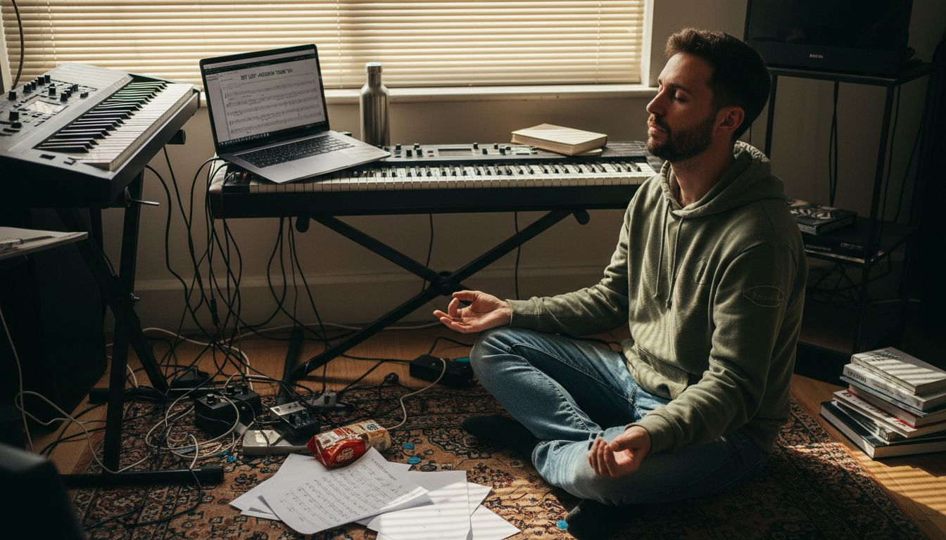 Musician meditating in cluttered rehearsal space