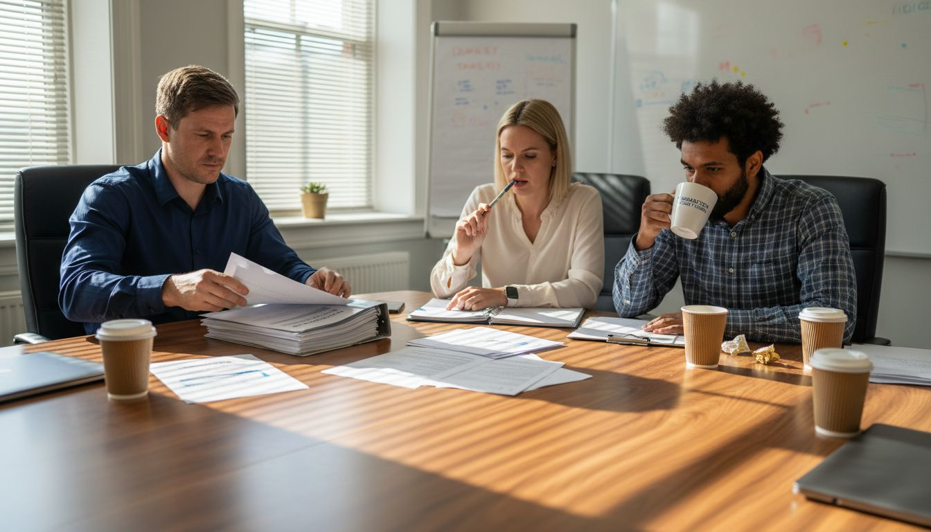 Sales team reviewing deals in meeting room