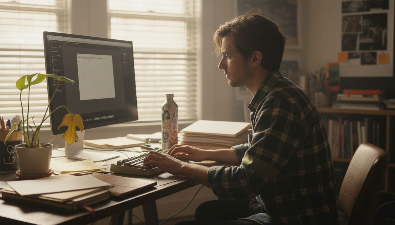 Designer working at cluttered studio desk
