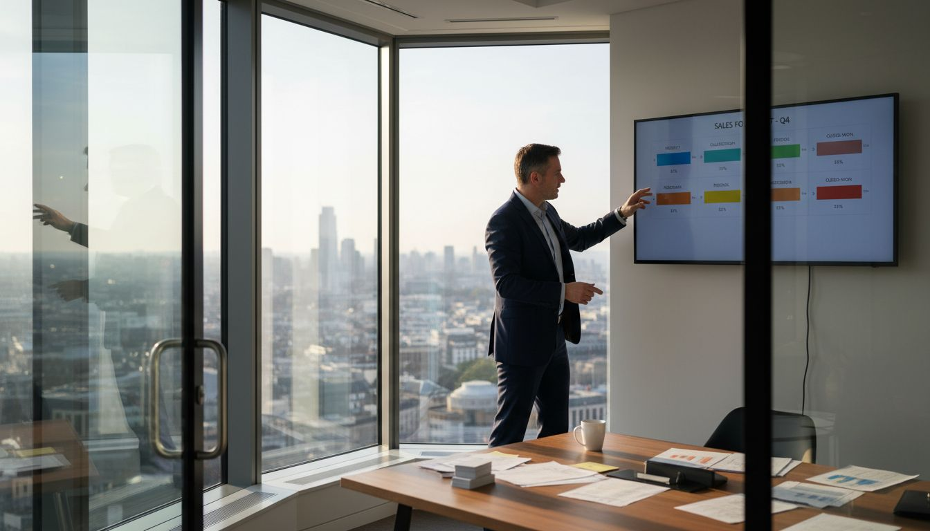 Sales manager in London office reviewing charts