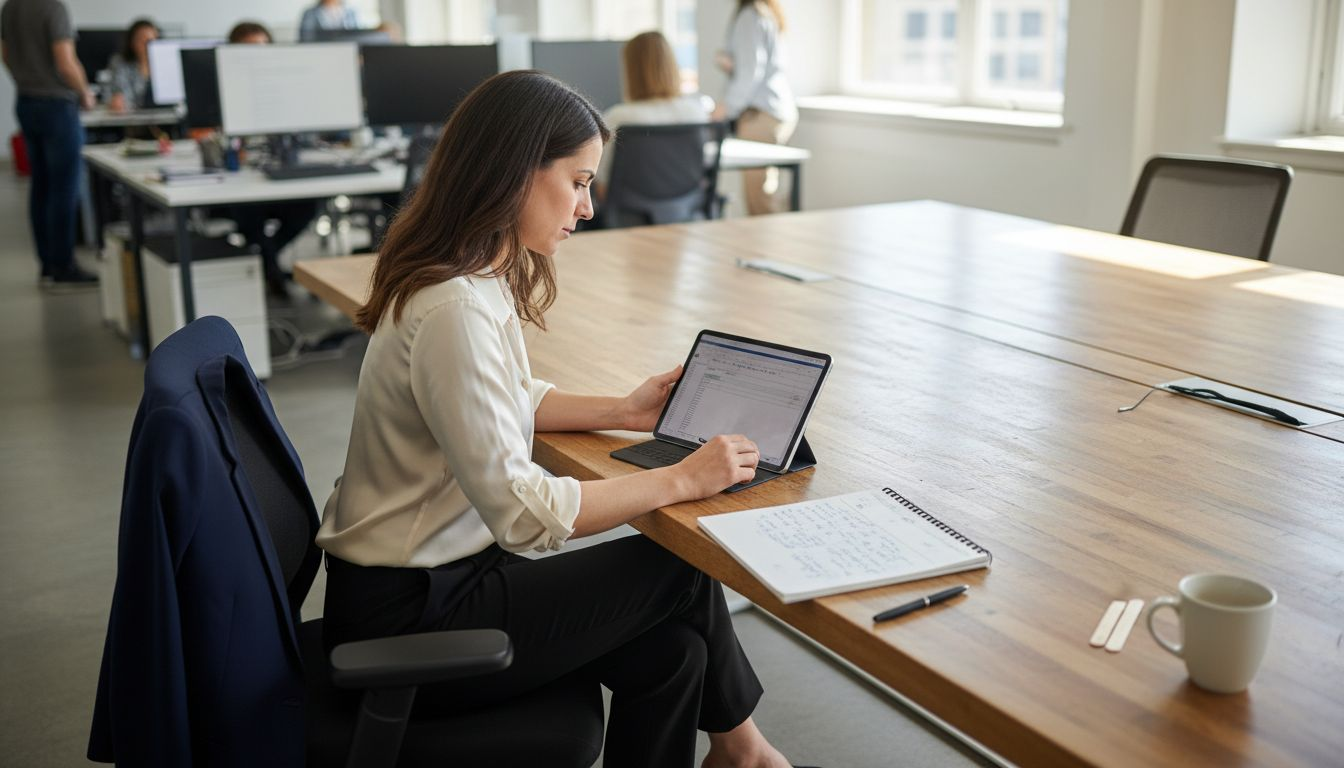 Manager reviewing spreadsheet in tech workspace
