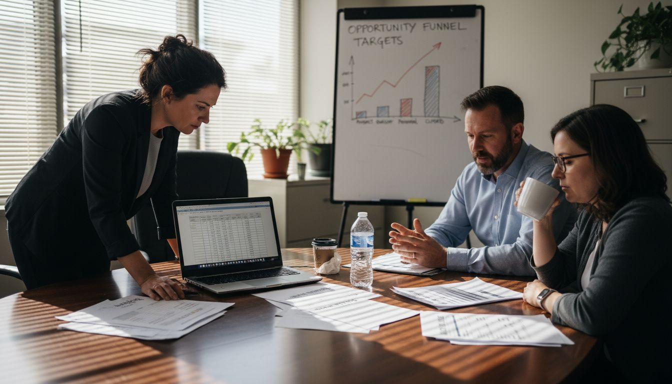 Team reviewing sales pipeline documents