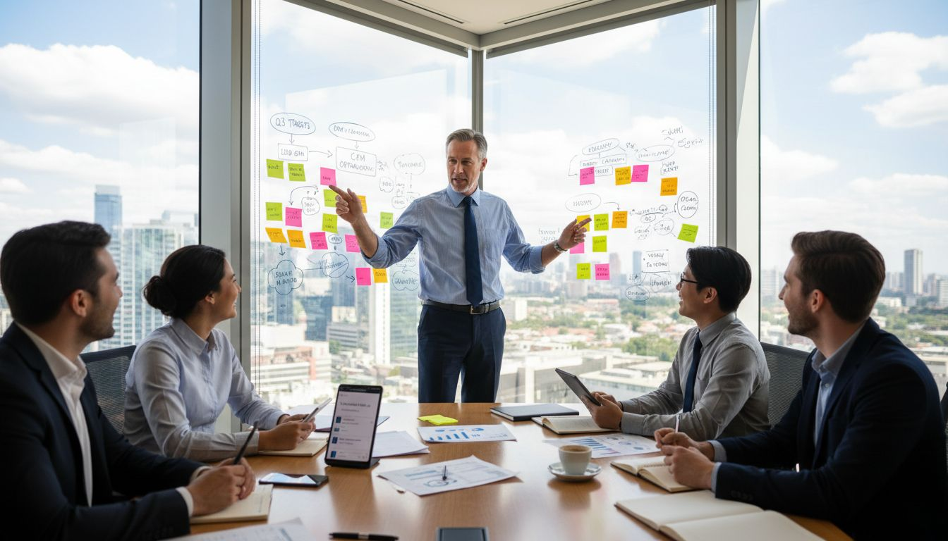 Sales director showing workflow in office