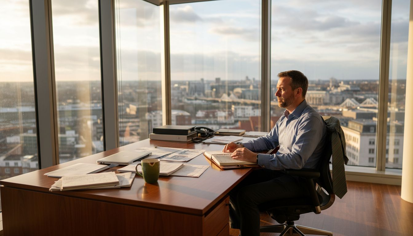 Professional looks pensive at office desk with city view