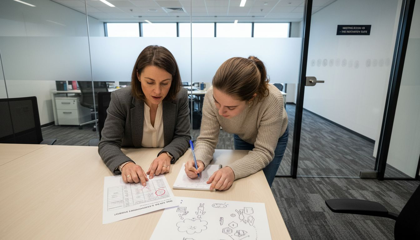 Sales leader coaching team member in meeting