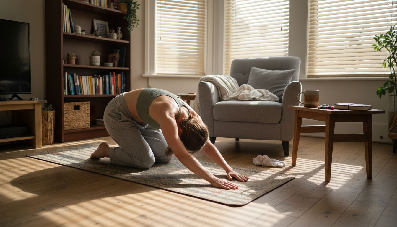 Woman doing morning yoga at home routine