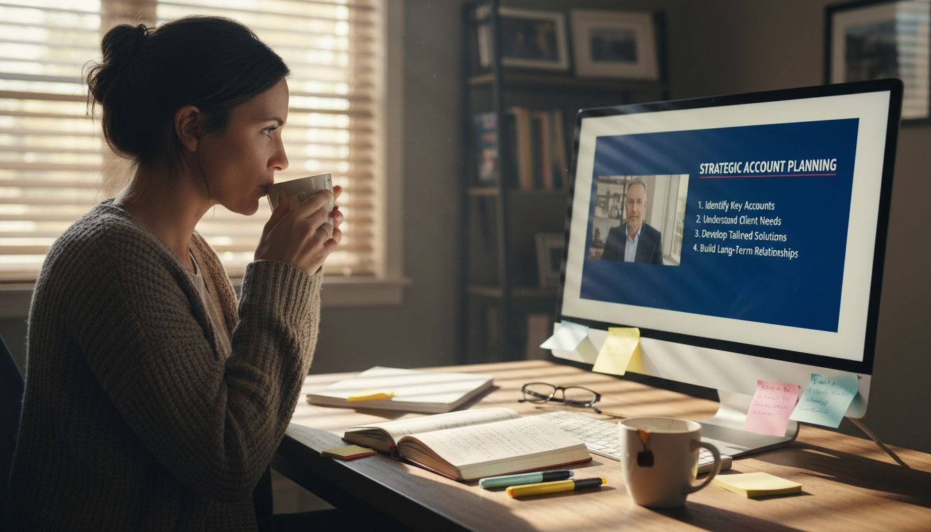 Woman studying online sales course at desk