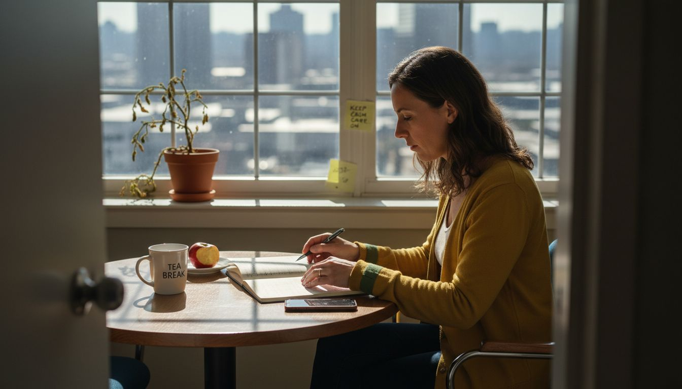 Employee reflecting on coaching progress breakroom