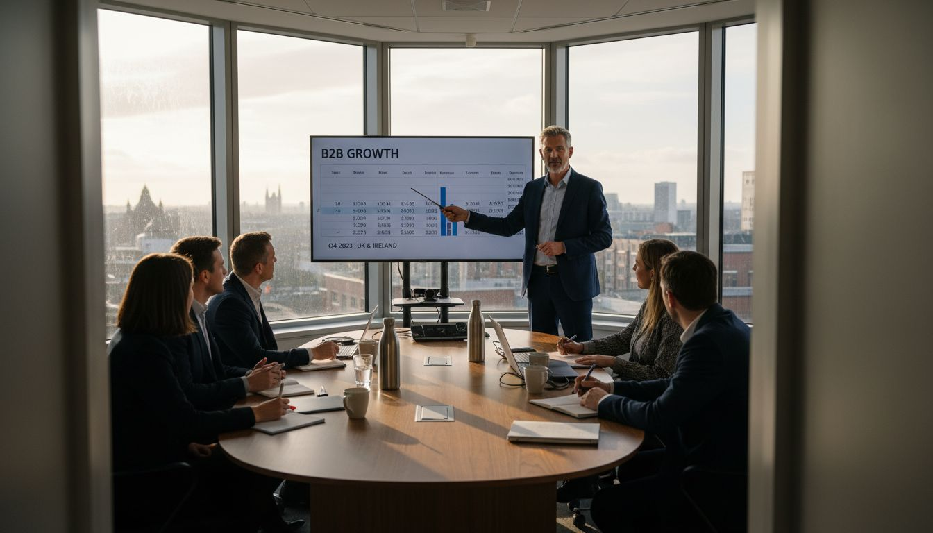 Sales leader presenting to team in corner office