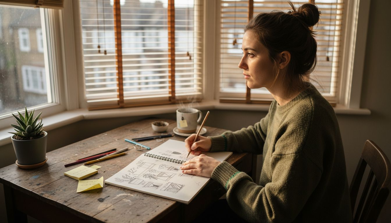 Woman sketching for stress relief at sunlit desk