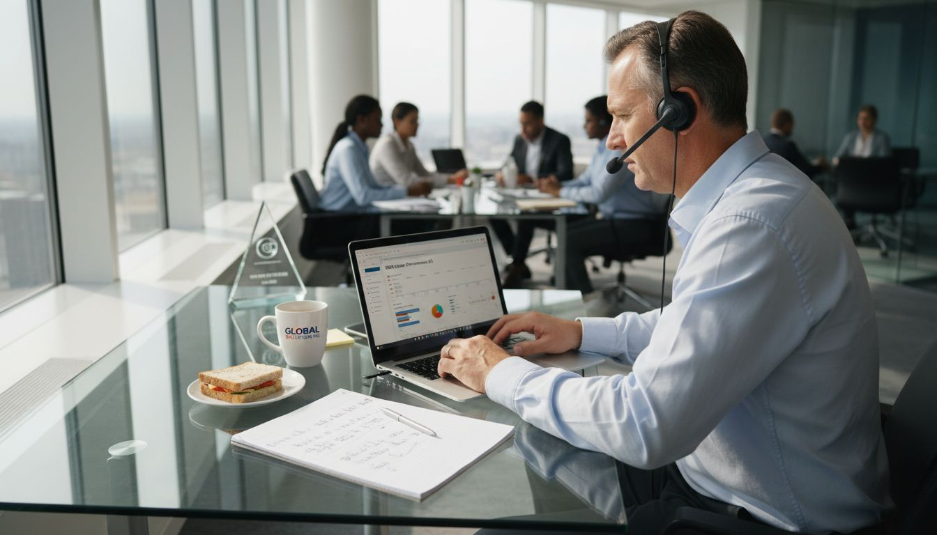 Sales manager working at busy UK office desk