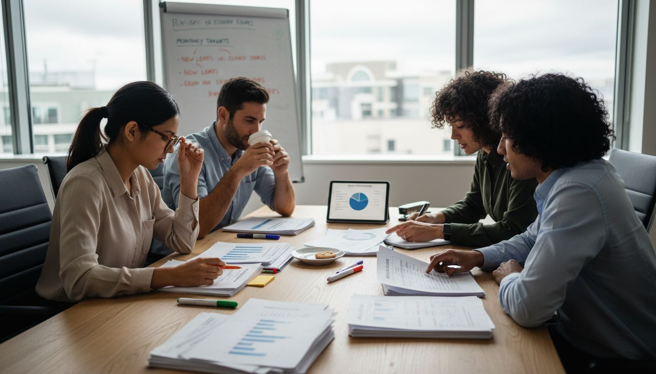 Sales team reviews reports in boardroom