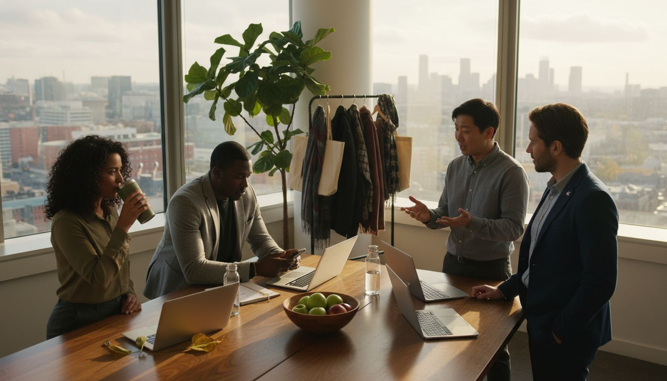 Relaxed office team promoting workplace wellbeing