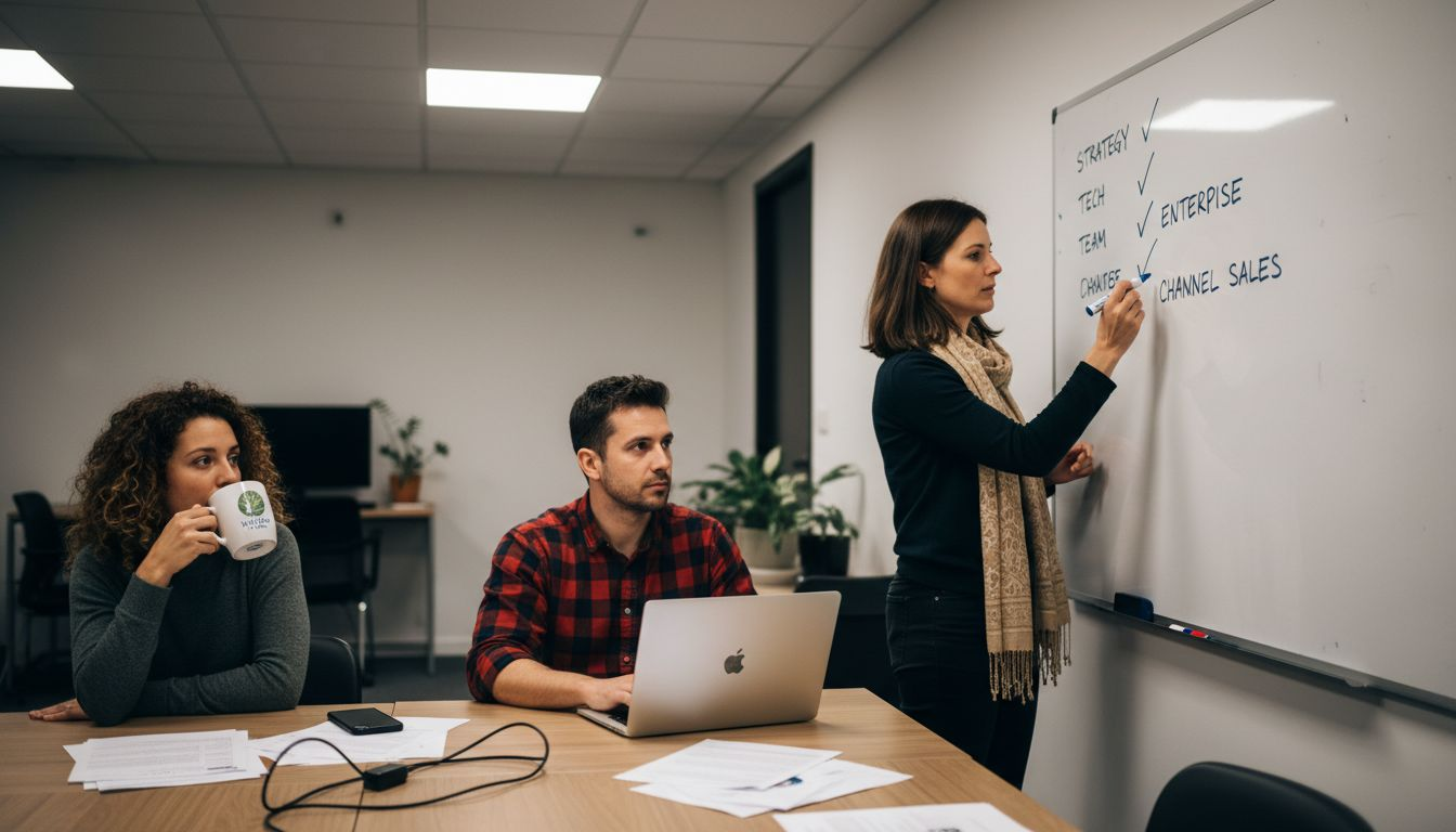 Leader developing team skills in meeting room