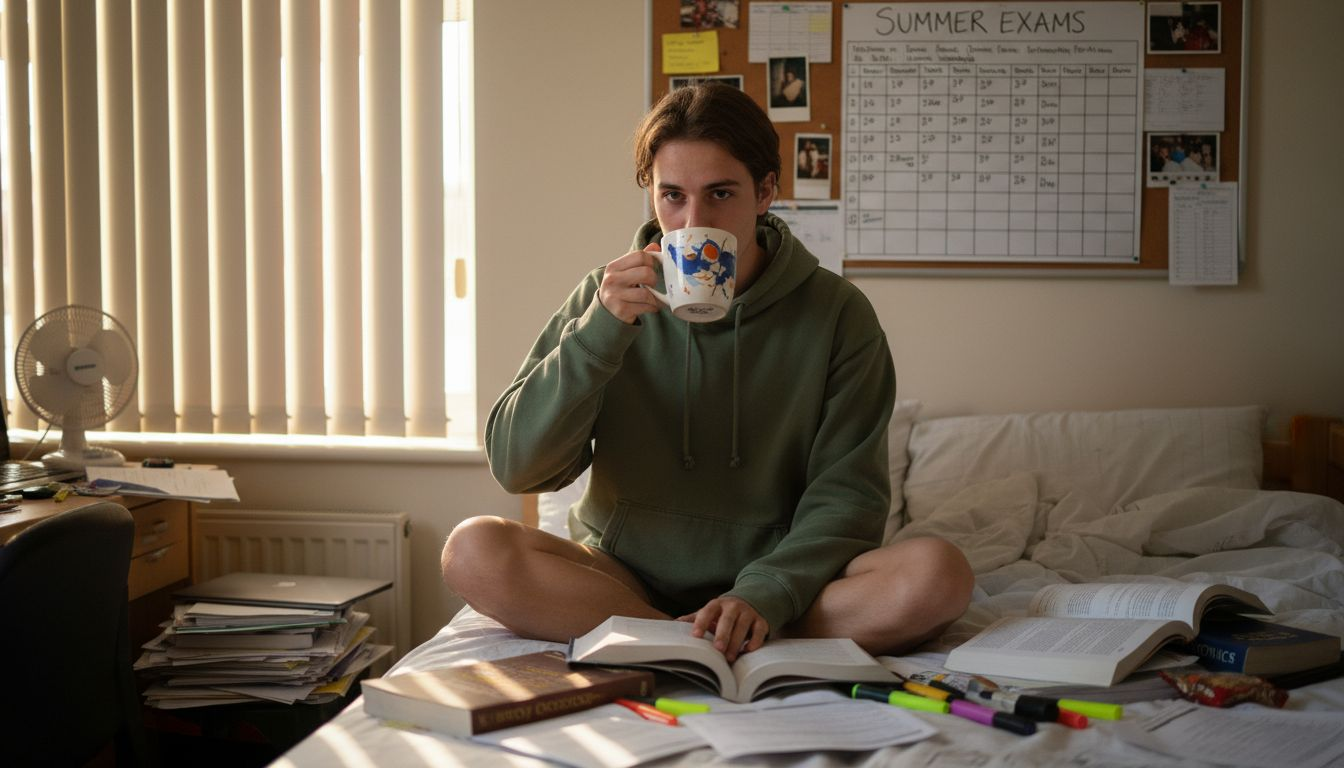 Stressed student organizing exam study routine